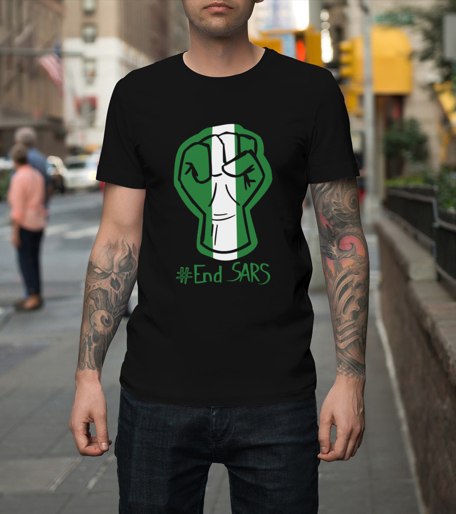 End SARS Fist with Green White Stripes Advocating for Change T-Shirt