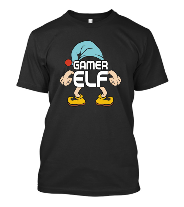Gamer Elf Gaming Christmas Humor With Cartoon Elf Hat And Shoes T-Shirt