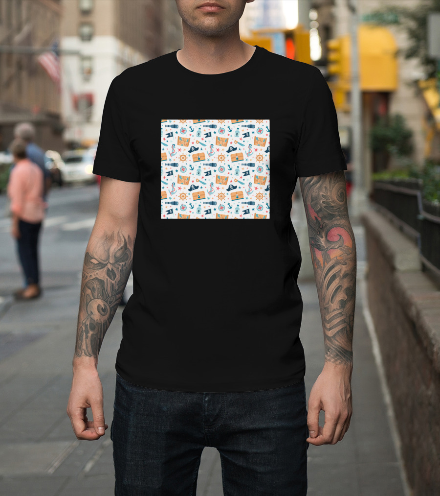 Pirate Treasure Chest Anchor Skull Crossbones Map Icon T-Shirt