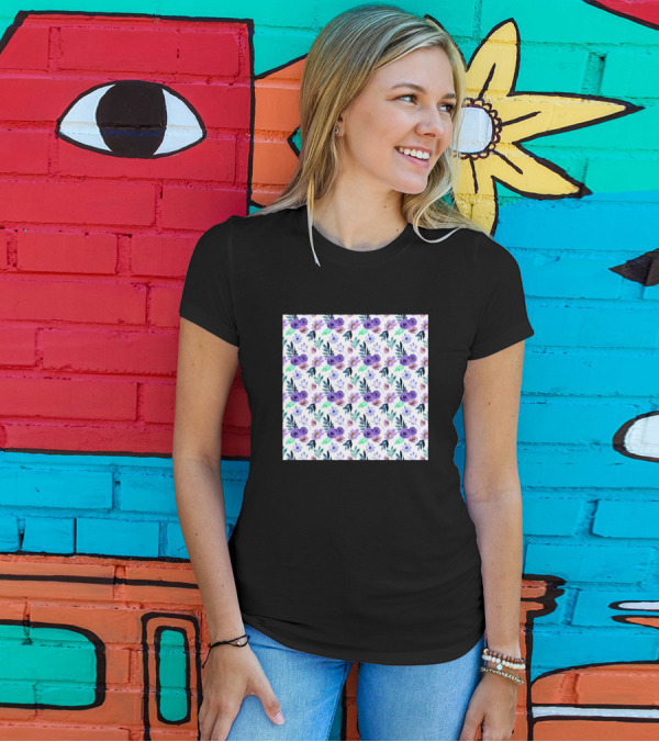 Floral Pattern Watercolor Purple Flowers Repeated T-Shirt