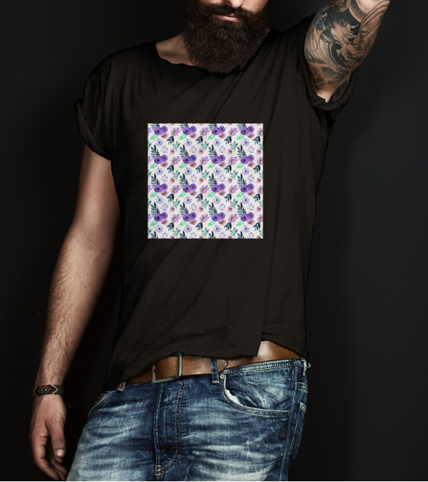 Floral Pattern Watercolor Purple Flowers Repeated T-Shirt
