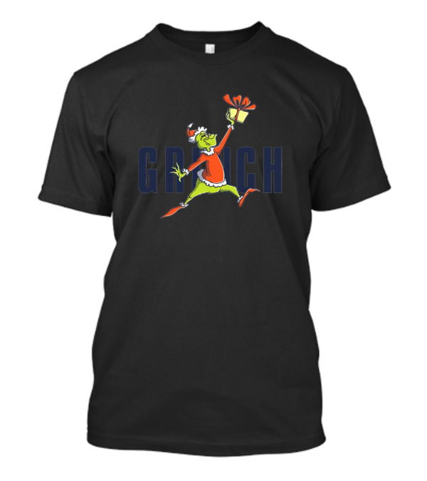 Grinch Santa Hat Holding Gift Jumping Over Large Text T-Shirt