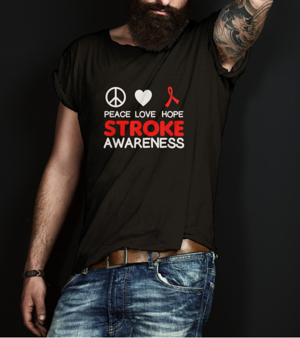 Stroke Awareness Peace Love Hope Red Ribbon T-Shirt