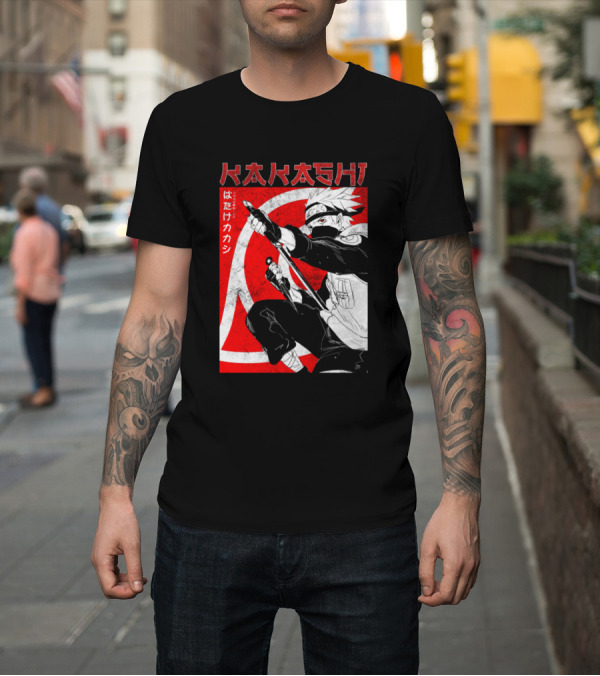 Shirt: Kakashi Hatake Manga Style with Red Leaf Symbol Background T-Shirt Kakashi Hatake Manga Style with Red Leaf Symbol Background T-Shirt