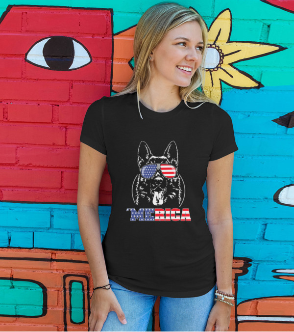 Proud Patriotic German Shepherd 'Merica American Flag Sunglasses T-Shirt