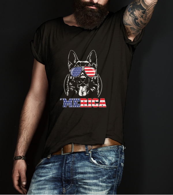 Proud Patriotic German Shepherd 'Merica American Flag Sunglasses T-Shirt