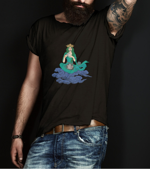 Hygge Mermaid With Crown Drinking Tea On Blue Clouds T-Shirt