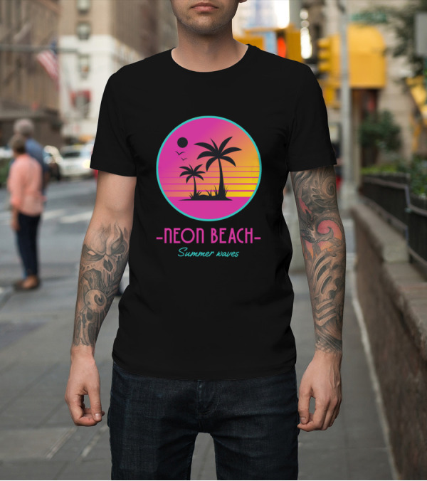Shirt: Neon Beach Summer Waves Palm Sunset T-Shirt Neon Beach Summer Waves Palm Sunset T-Shirt