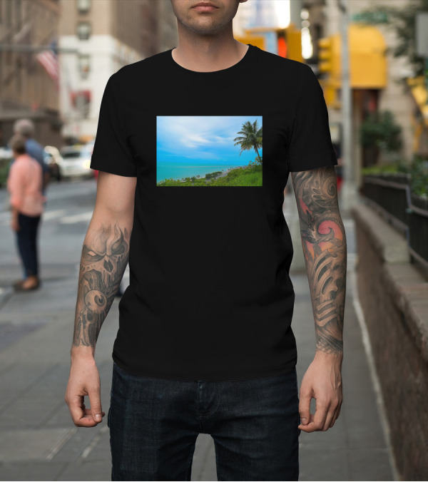 Shirt: Quiet Beach Scene with Coconut Tree and Ocean View T-Shirt Quiet Beach Scene with Coconut Tree and Ocean View T-Shirt