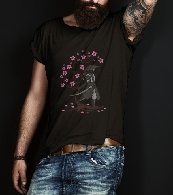 Vintage Samurai Warrior With Sword And Cherry Blossom Japan T-Shirt