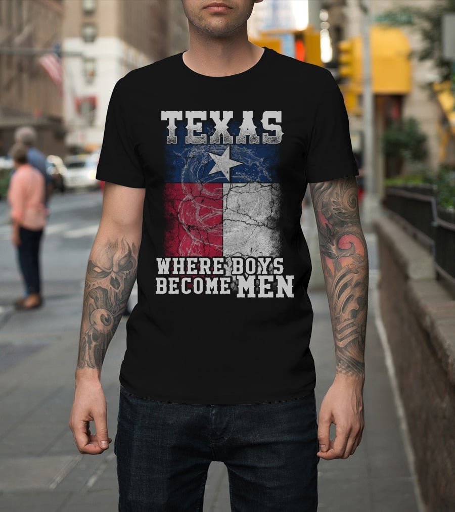 Texas Where Boys Become Men Lone Star Flag Cracked T-Shirt