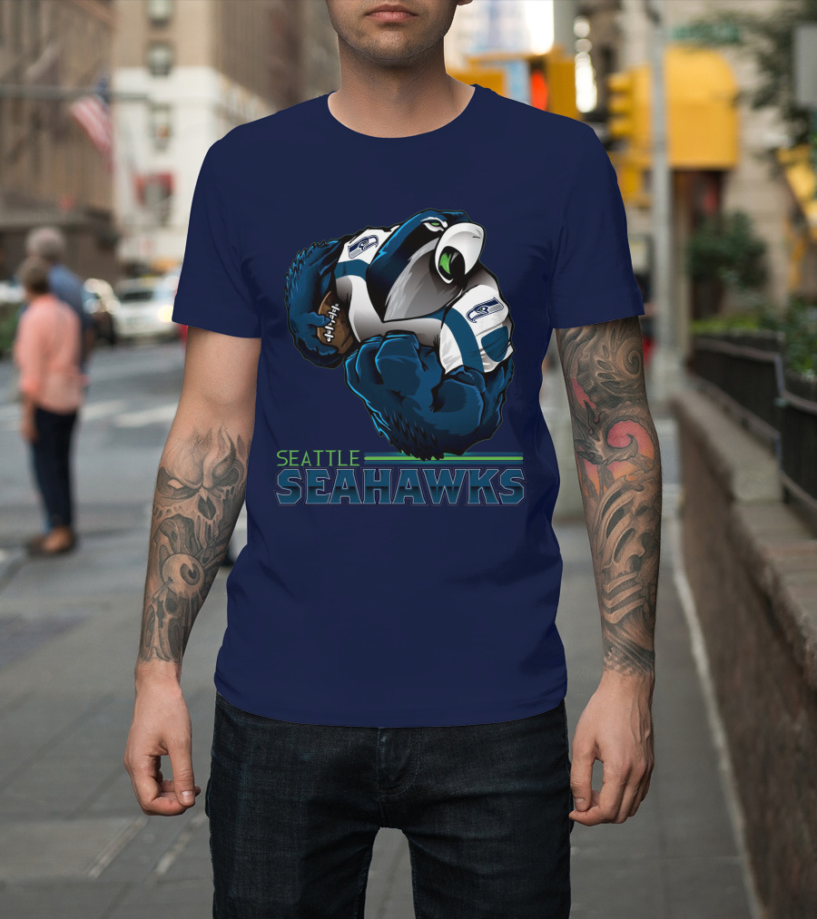 Seattle Seahawks Powerful Mascot With Football Iconic Team Spirit T-Shirt