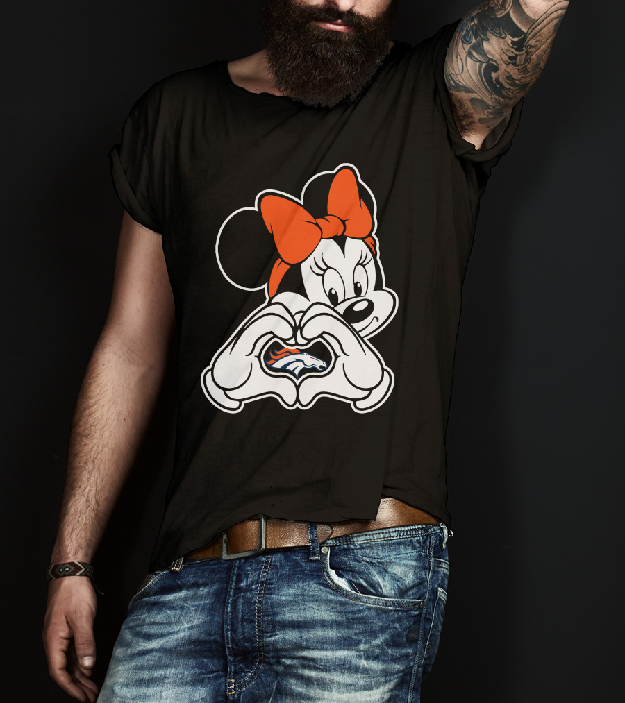 Minnie Mouse Heart Hands Denver Broncos Logo On Black Background With Orange Bow T-Shirt