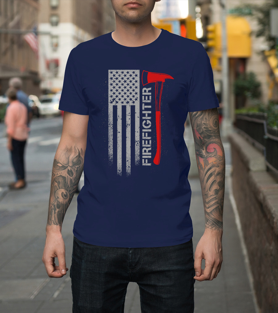 Firefighter American Flag Axe T-Shirt