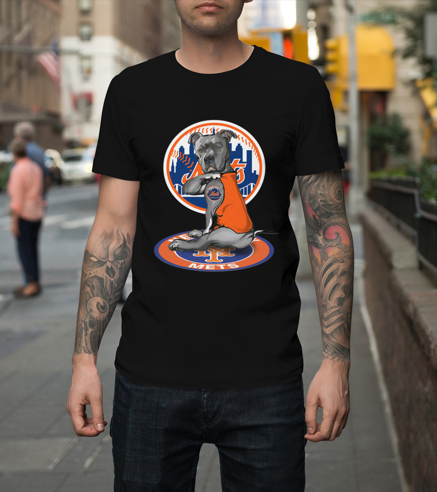 New York Mets Dog In Orange Shirt With Team Logo And Skyline T-Shirt