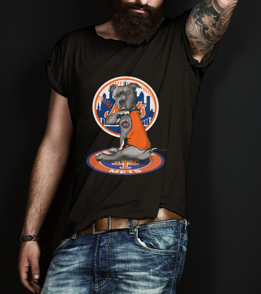 New York Mets Dog In Orange Shirt With Team Logo And Skyline T-Shirt