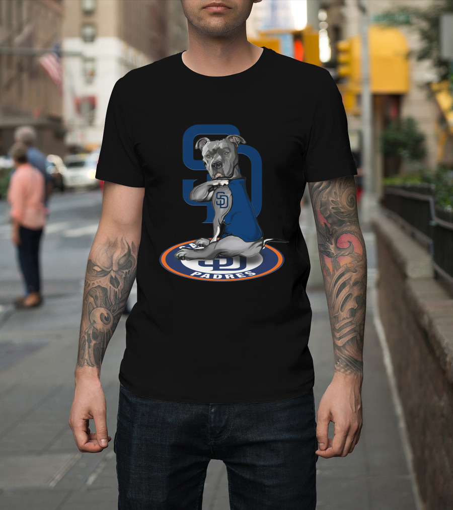 Sd Padres Dog With Blue Sweater And Logo On Black T-Shirt
