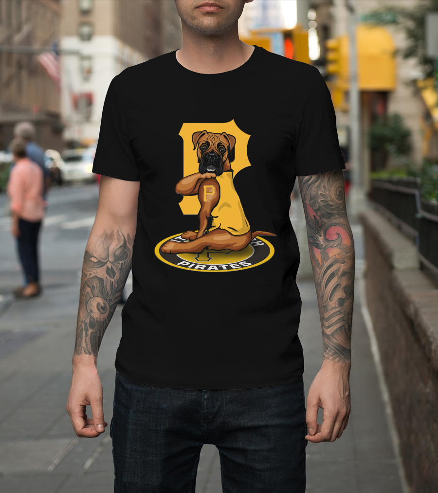 Pittsburgh Pirates Boxer Dog In Yellow Jersey With Vintage T-Shirt