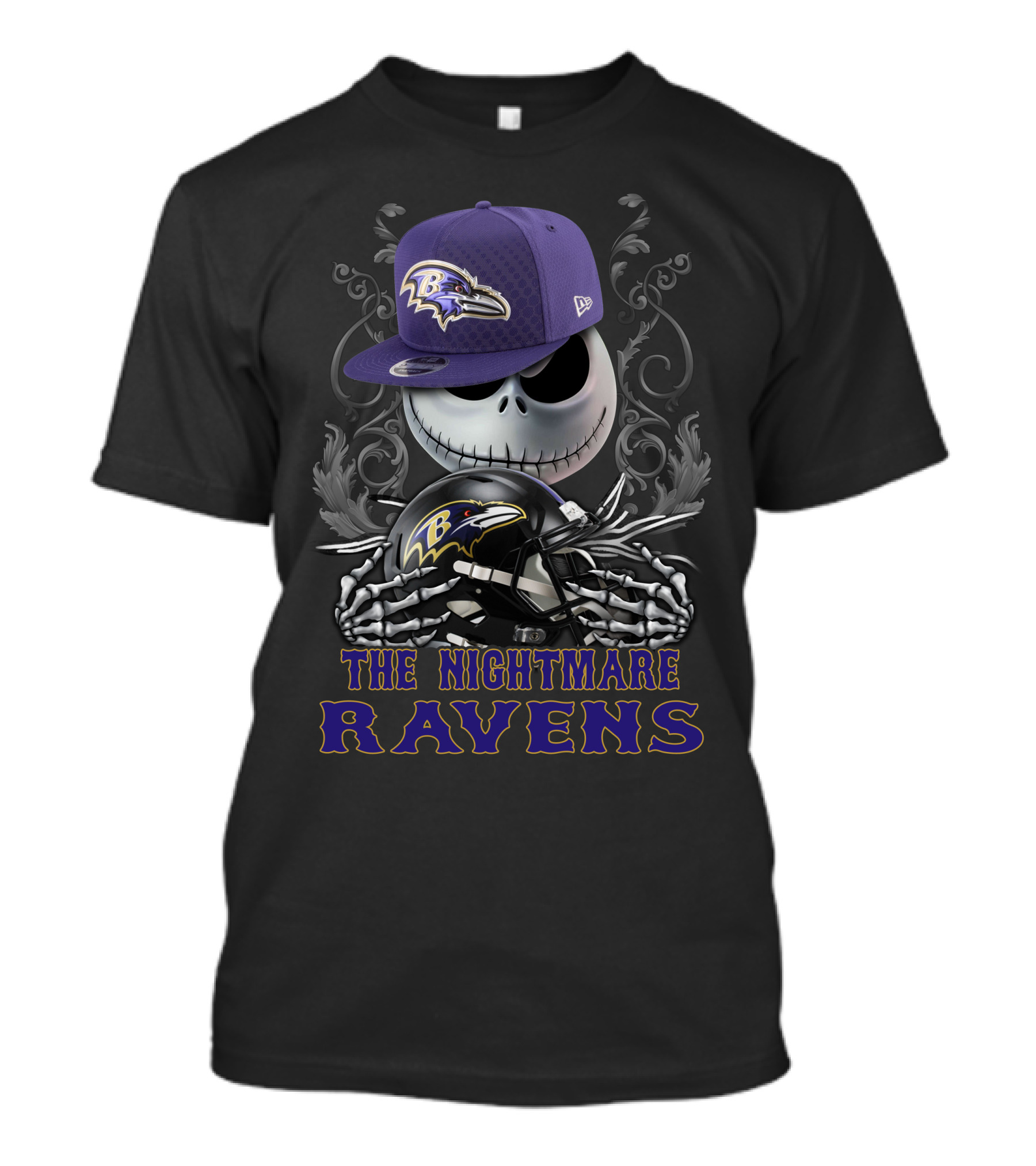 The Nightmare Ravens Baltimore Ravens Skull With Hat And Helmet T-Shirt