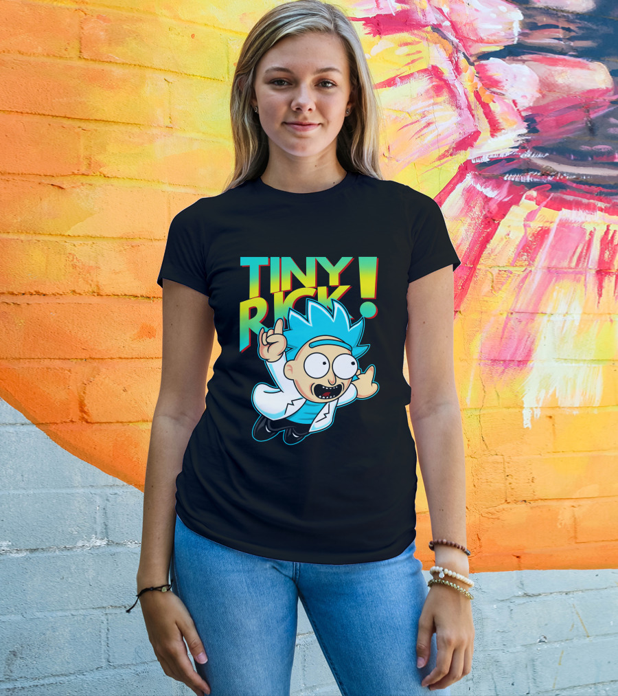 Tiny Rick Flying Character With Blue Hair And White Lab Coat T-Shirt