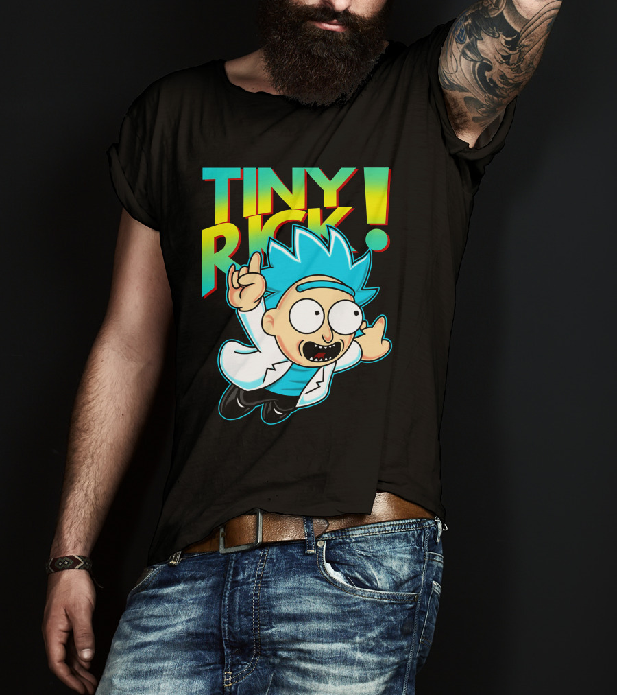Tiny Rick Flying Character With Blue Hair And White Lab Coat T-Shirt