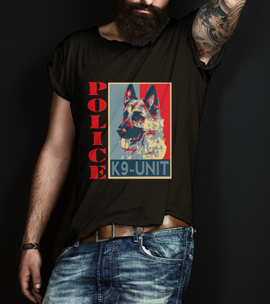 POLICE K9 UNIT Shepherd Portrait In Red Blue And Beige T-Shirt