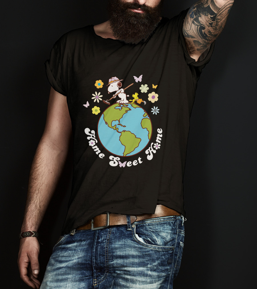 Home Sweet Home Snoopy And Woodstock Gardening On Earth With Butterflies And Flowers T-Shirt