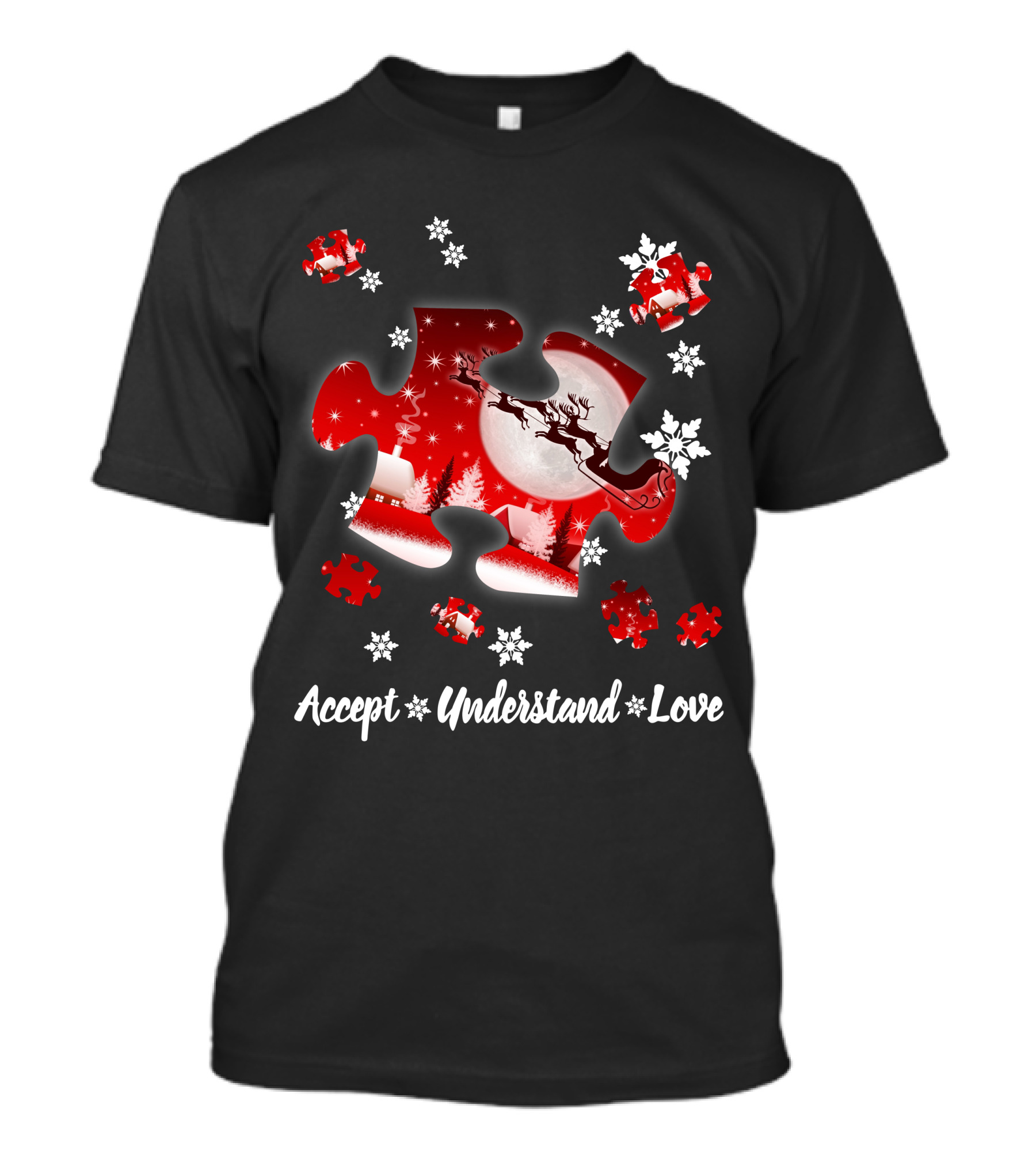 Accept Understand Love Autism Puzzle Christmas Snowflakes Santa Sleigh T-Shirt