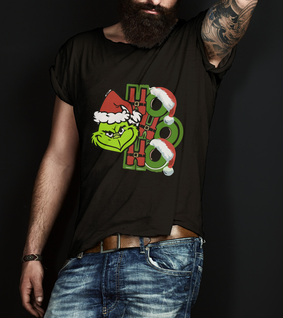 Ho Ho Ho Grinchmas With Santa Hats And Grinch Face T-Shirt