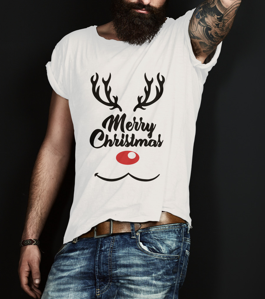 Merry Christmas Reindeer Antlers With Red Nose T-Shirt