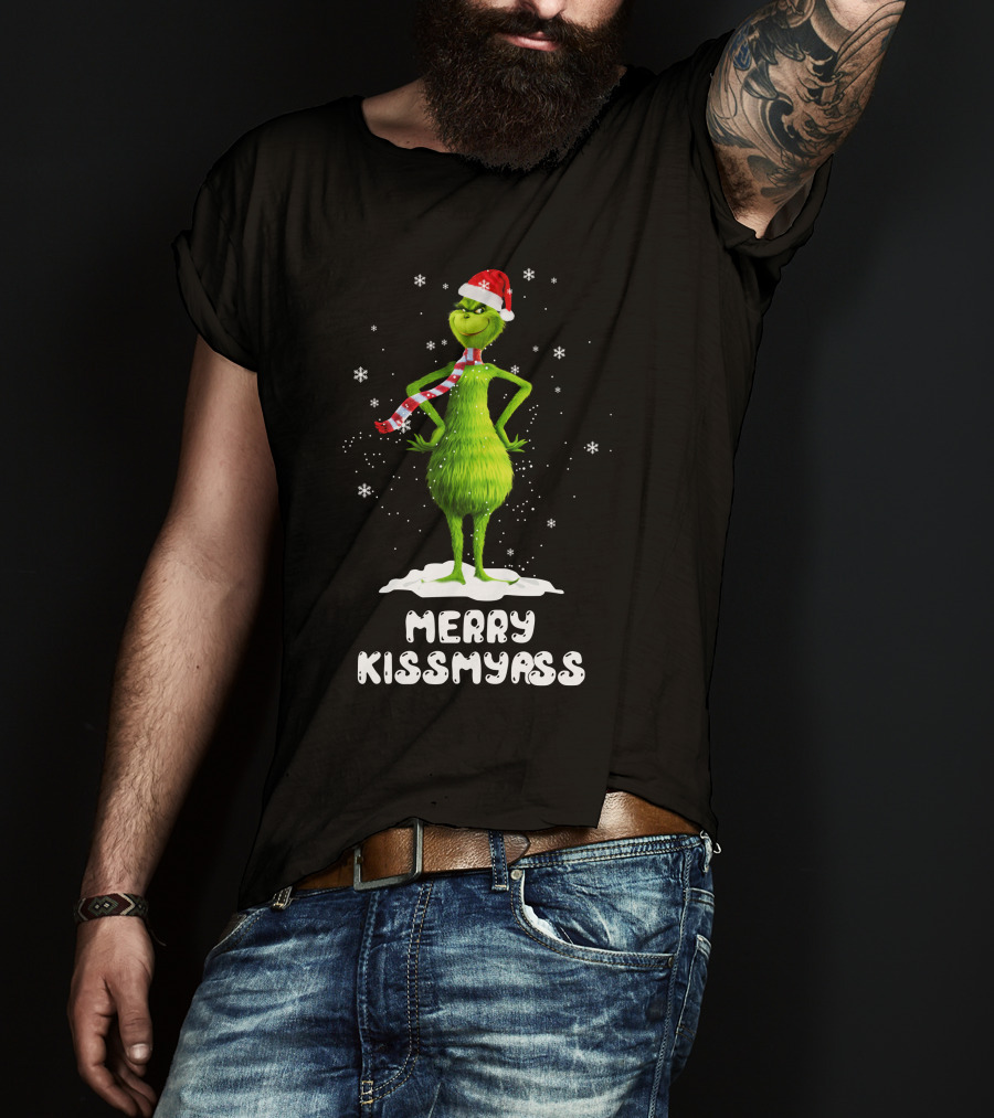 Merry KissMyAss Grinch Santa Hat Scarf Snowflakes T-Shirt