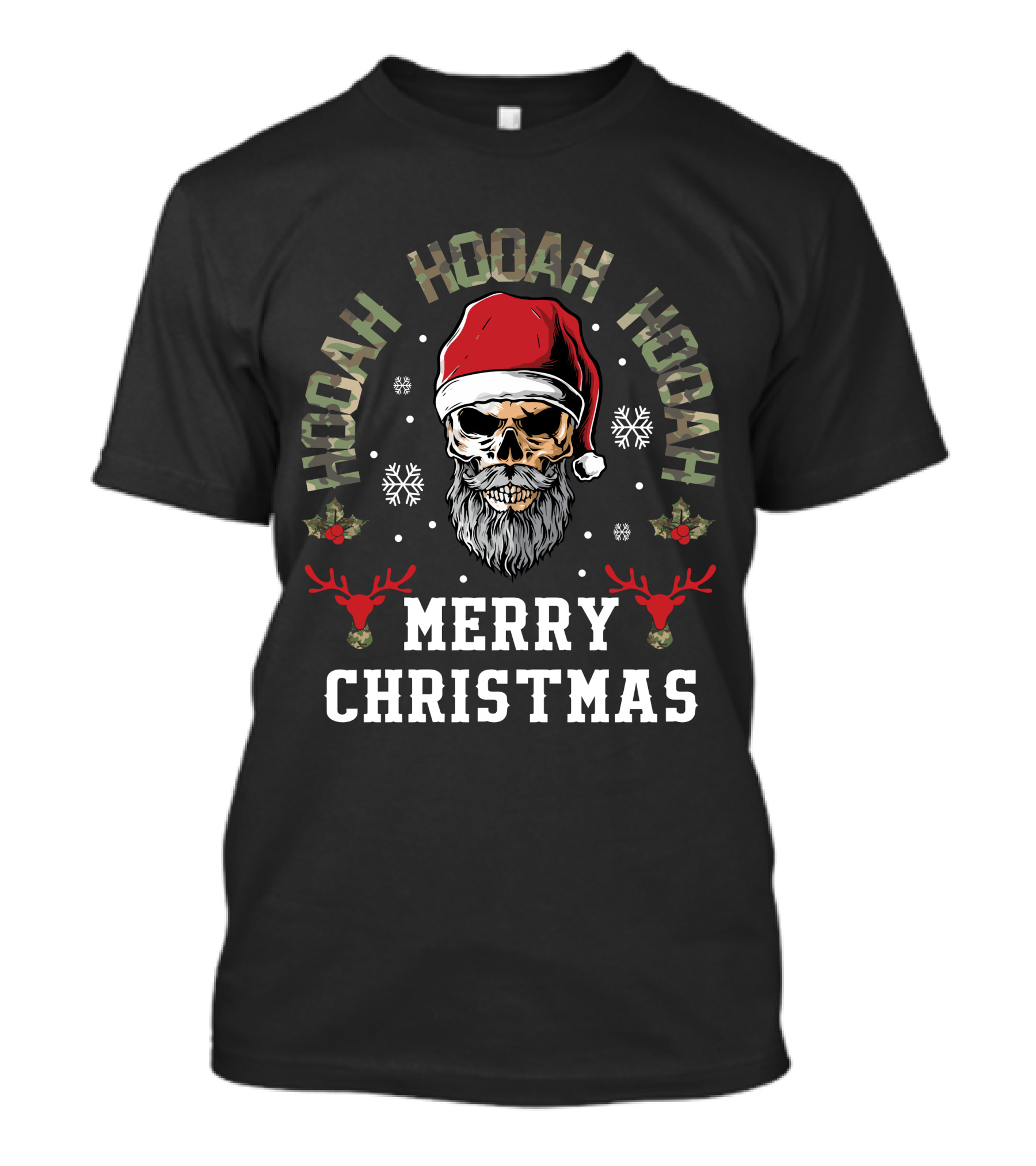 Hooah Hooah Hooah Merry Christmas Skull Santa Hat Reindeer T-Shirt