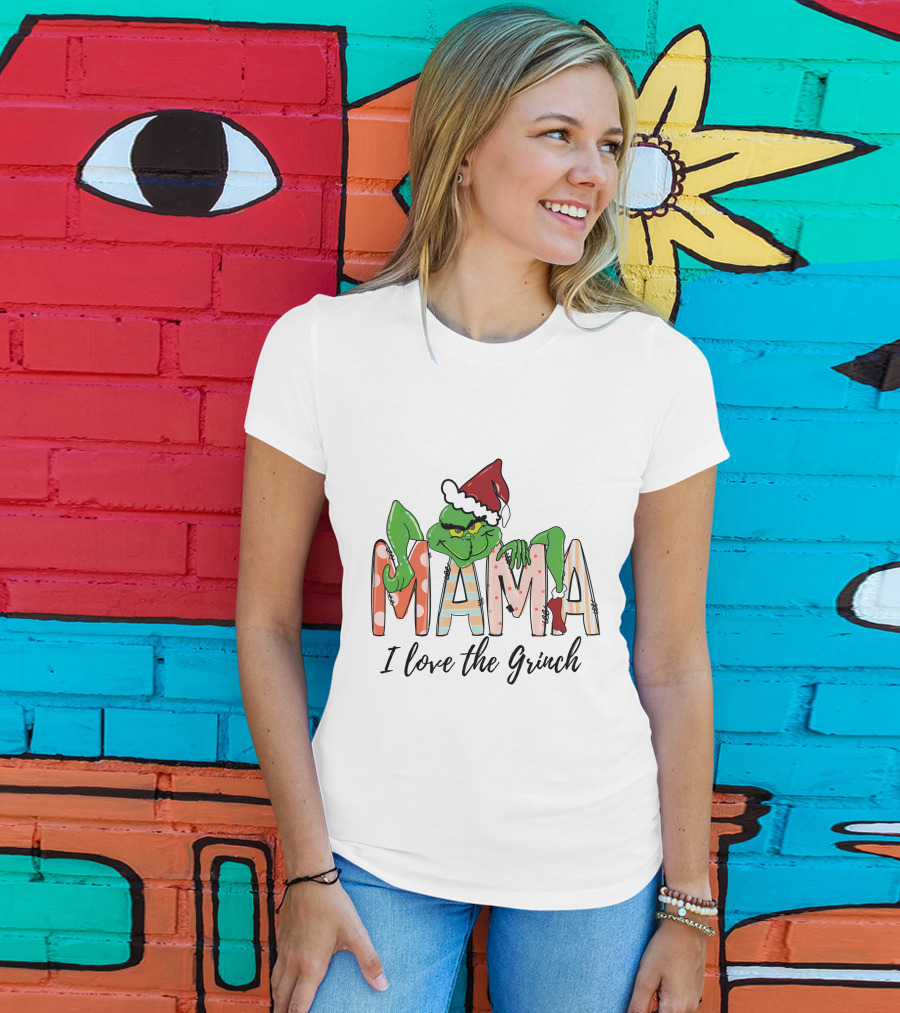 Mama I Love The Grinch Santa Hat Christmas Letters T-Shirt