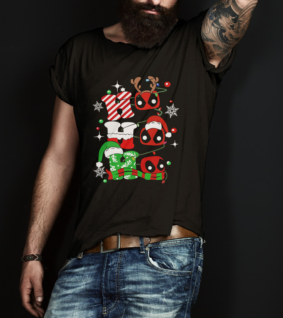 Deadpool Ho Ho Ho Christmas Reindeer Antlers Santa Hat Snowflakes T-Shirt