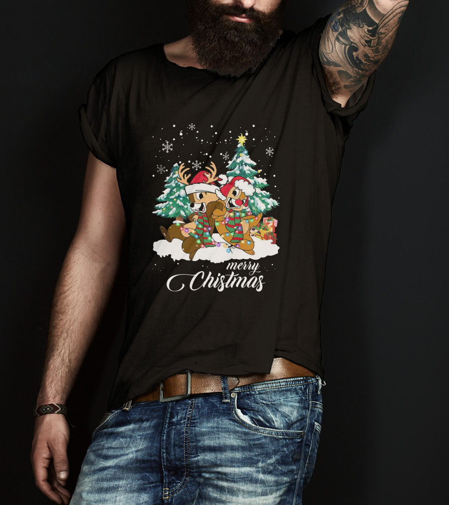 Merry Christmas Chip And Dale Holiday Cheer Reindeer Antlers Santa Hats Winter Wonderland T-Shirt