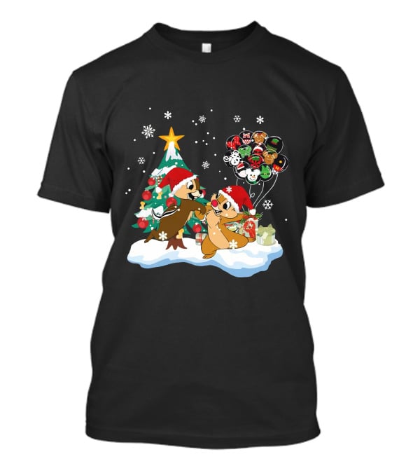 Chip And Dale Christmas Tree Santa Hats Snowflakes Balloons T-Shirt