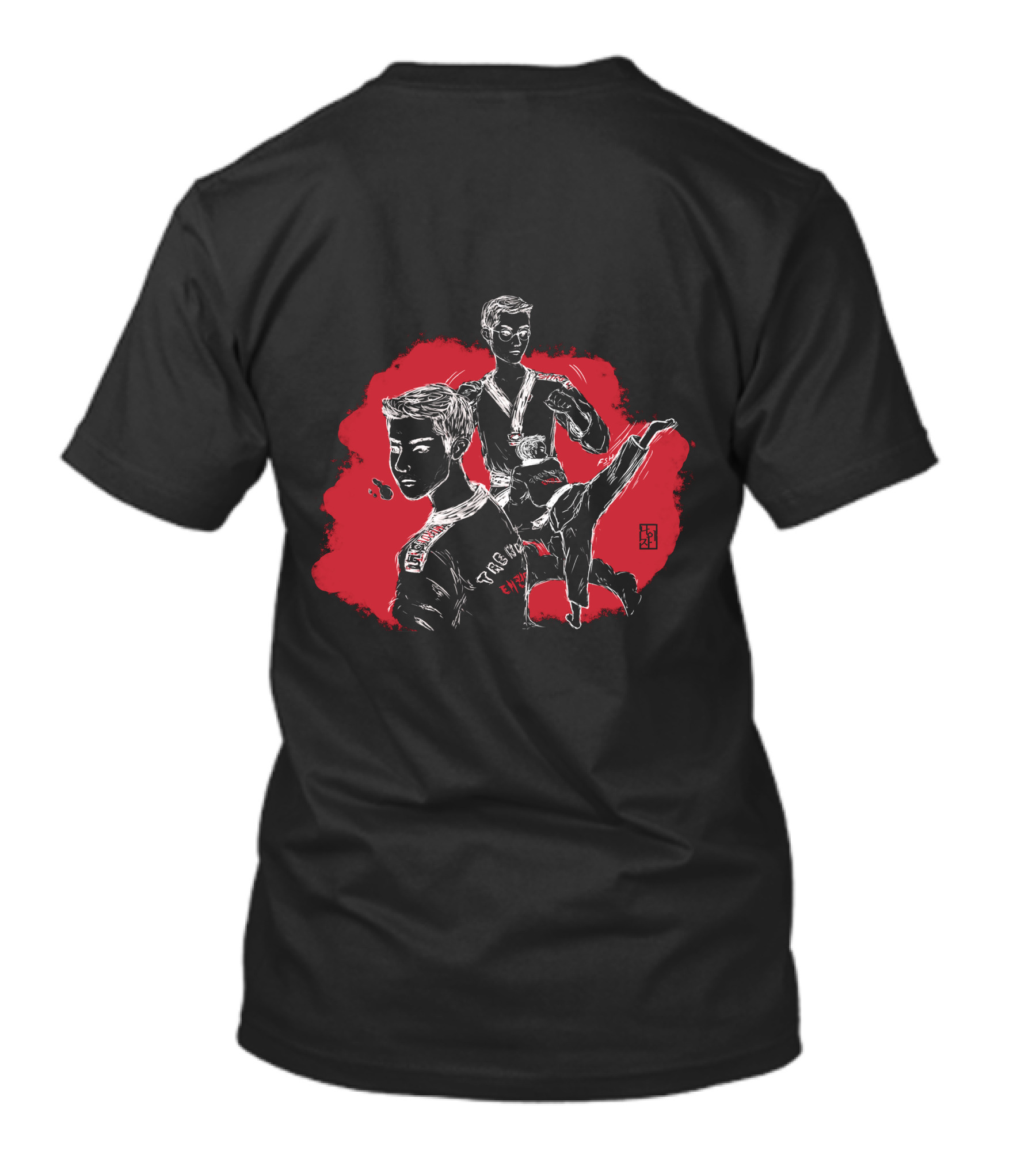 Taekwondo Boy Sparring Heroic Poses And Korean Emblems T-Shirt