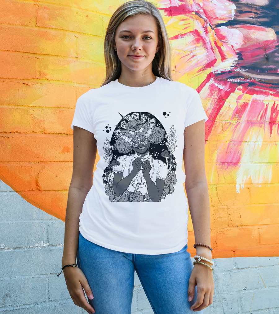 Moth The Seer Mystical Vision With Mushrooms And Floral Elements T-Shirt