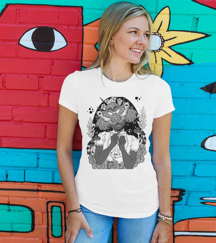 Moth The Seer Mystical Vision With Mushrooms And Floral Elements T-Shirt