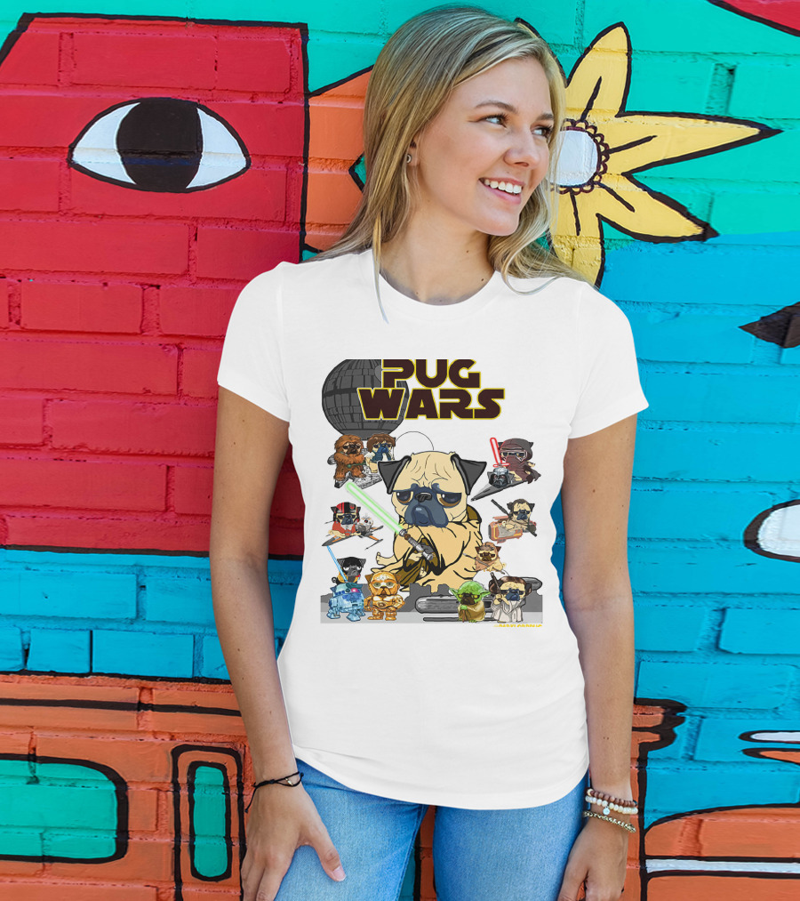 Pug Wars Star Parody With Iconic Characters And Spaceships T-Shirt