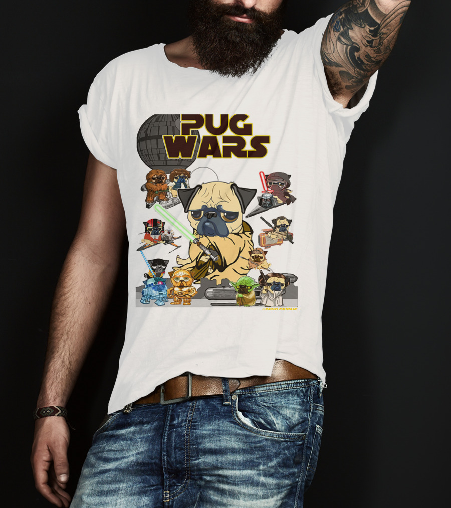 Pug Wars Star Parody With Iconic Characters And Spaceships T-Shirt