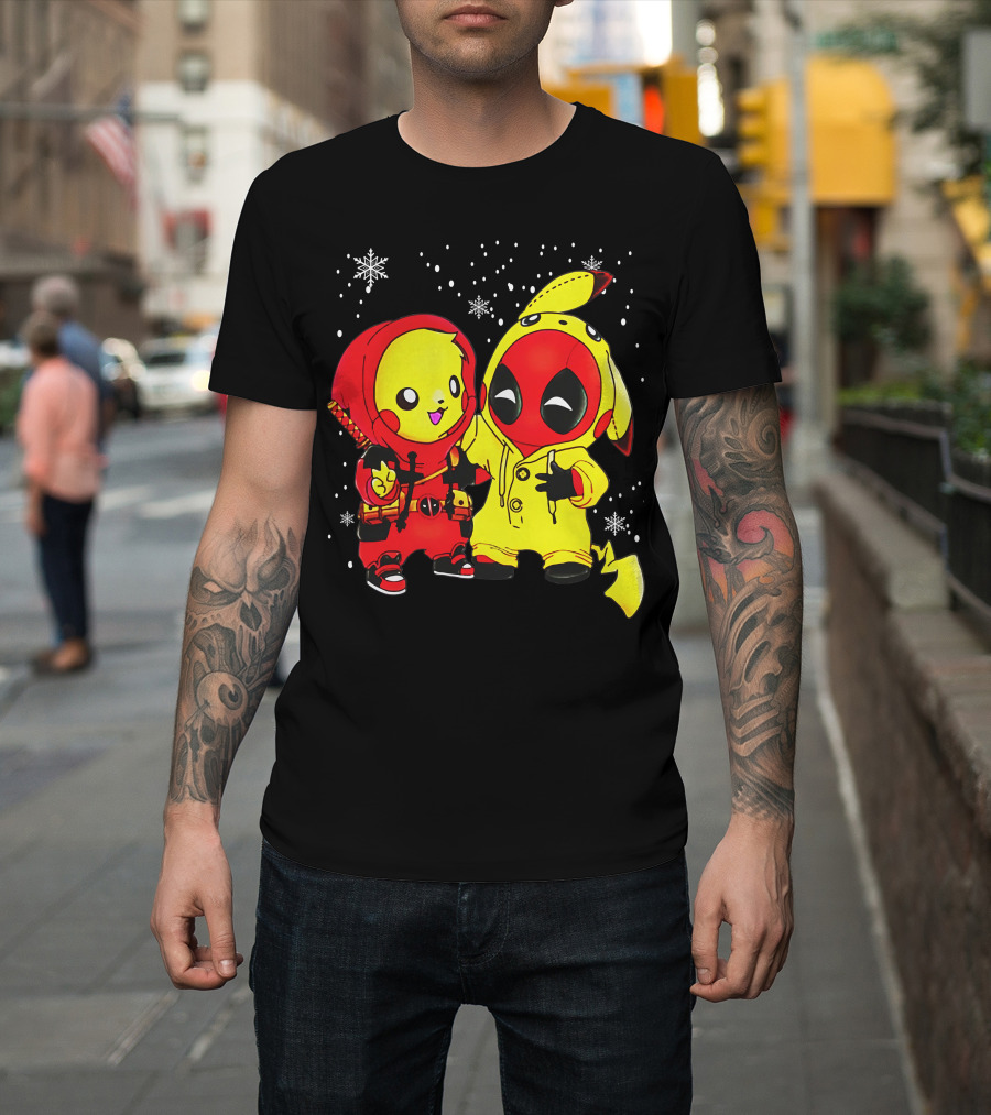 Pikachu Deadpool Crossover with Snowflakes and Kawaii Style Elements T-Shirt