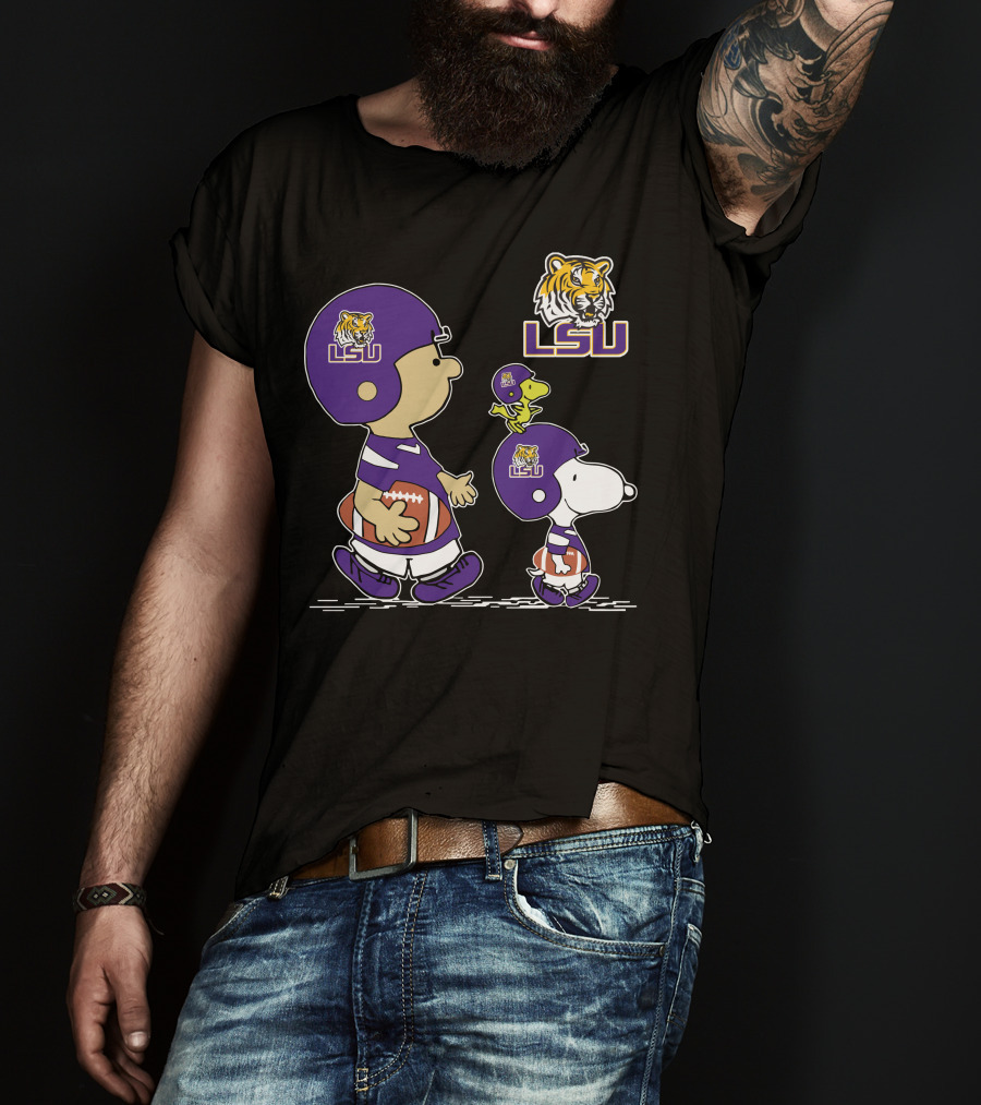 Peanuts Characters In LSU Tigers Football Gear With Helmet And Football T-Shirt