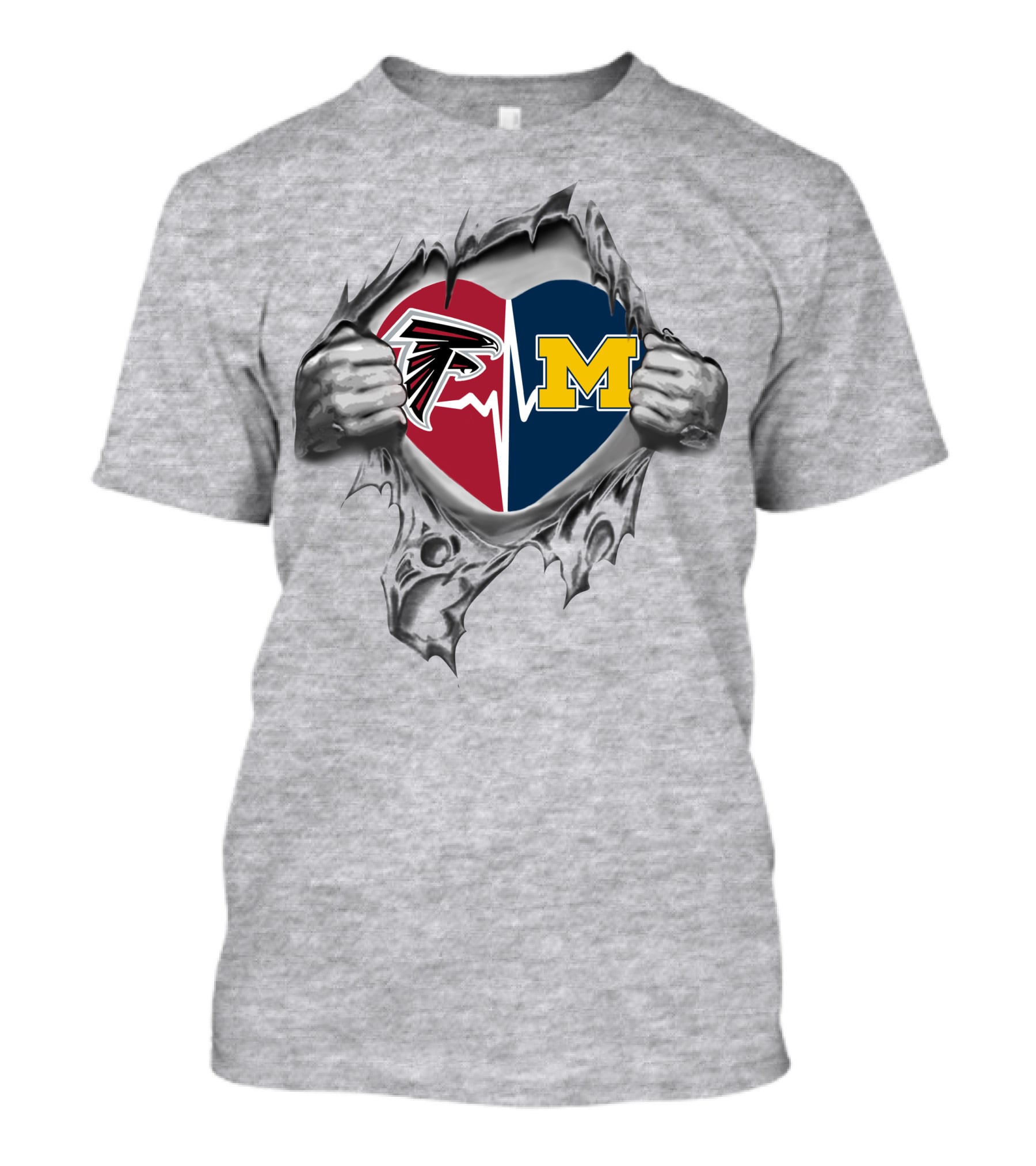 Heart Of Michigan Wolverines And Atlanta Falcons Logos On Torn Fabric T-Shirt