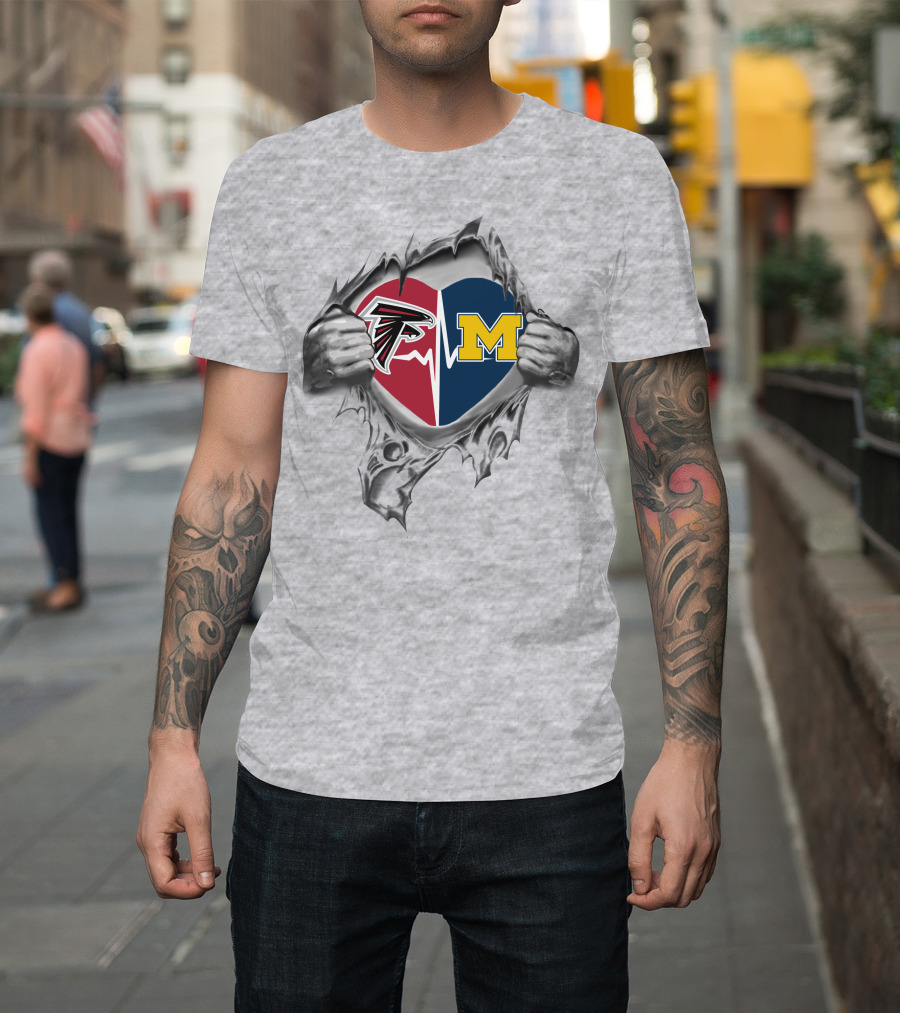 Heart Of Michigan Wolverines And Atlanta Falcons Logos On Torn Fabric T-Shirt