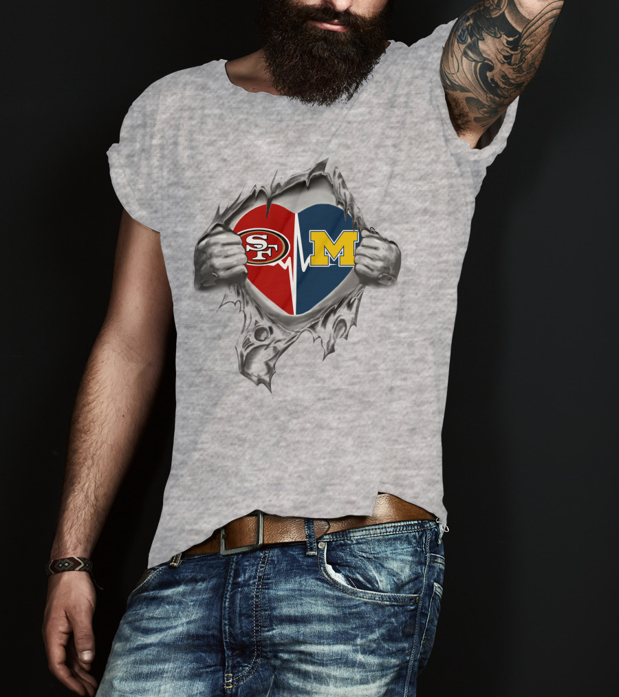 Michigan Wolverines Heartbeat San Francisco 49ers Fan Passion Fusion T-Shirt