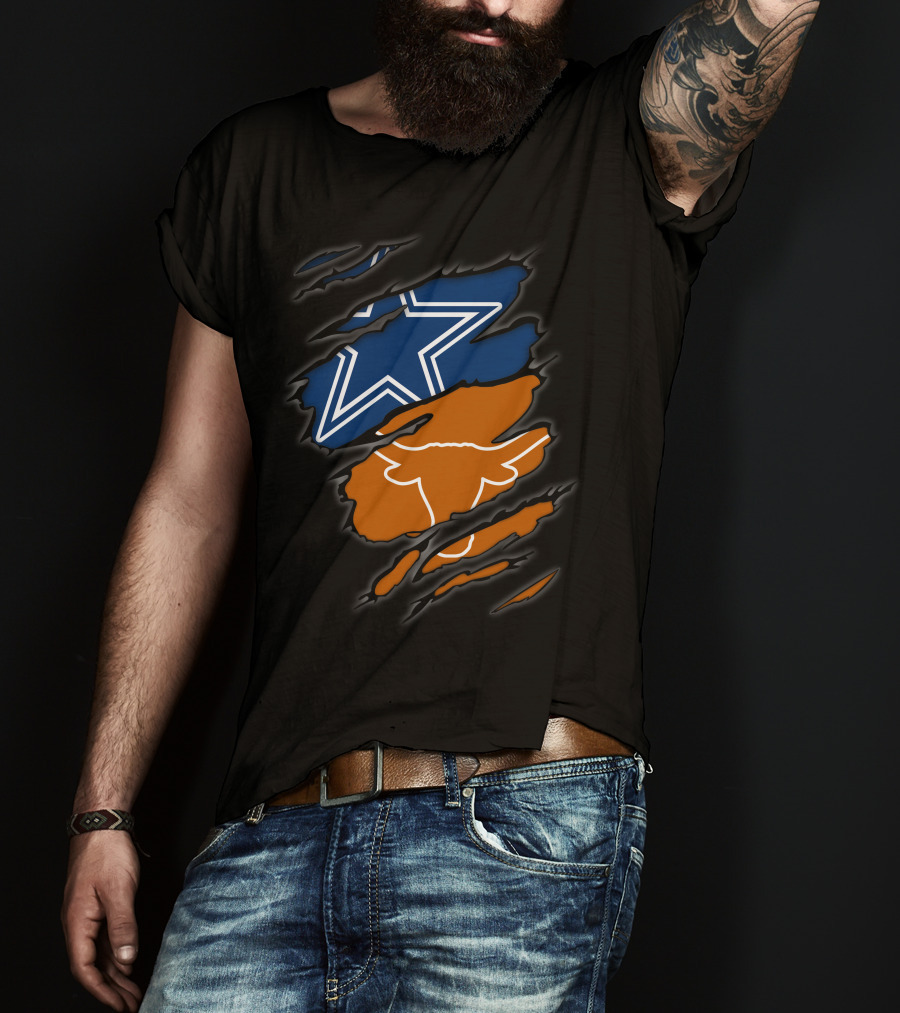 Cowboys Star And Texas Longhorns Logo Peeking Through Ripped T-Shirt