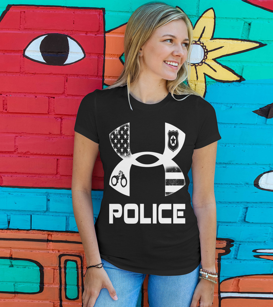 Police American Flag Badge Handcuffs T-Shirt