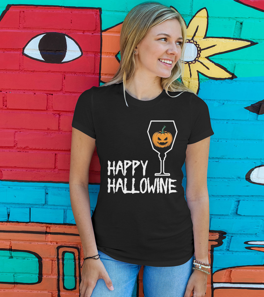 Happy Hallowine Jack-o'-Lantern Wine Glass Halloween Drinking Lover T-Shirt
