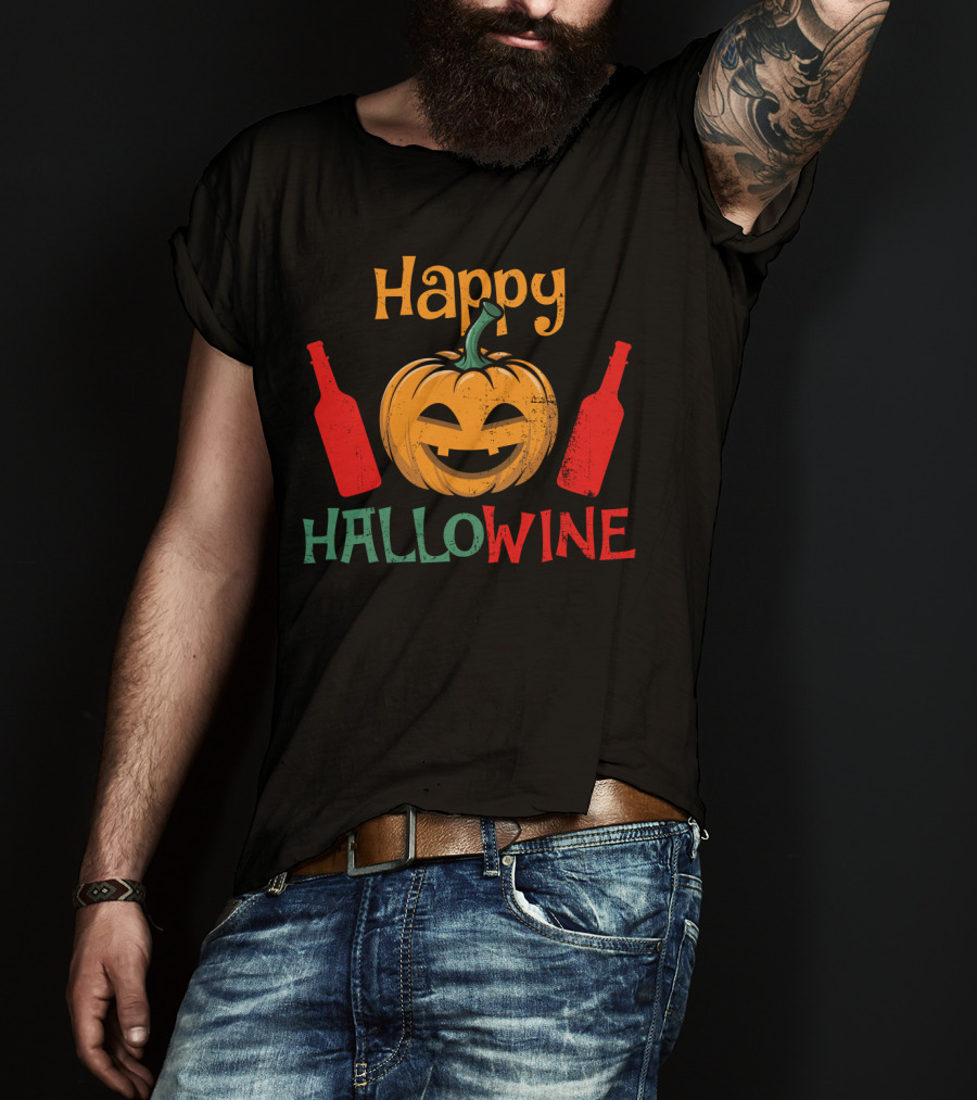 Happy Hallo Wine Pumpkin Jack-O'-Lantern With Wine Bottles T-Shirt